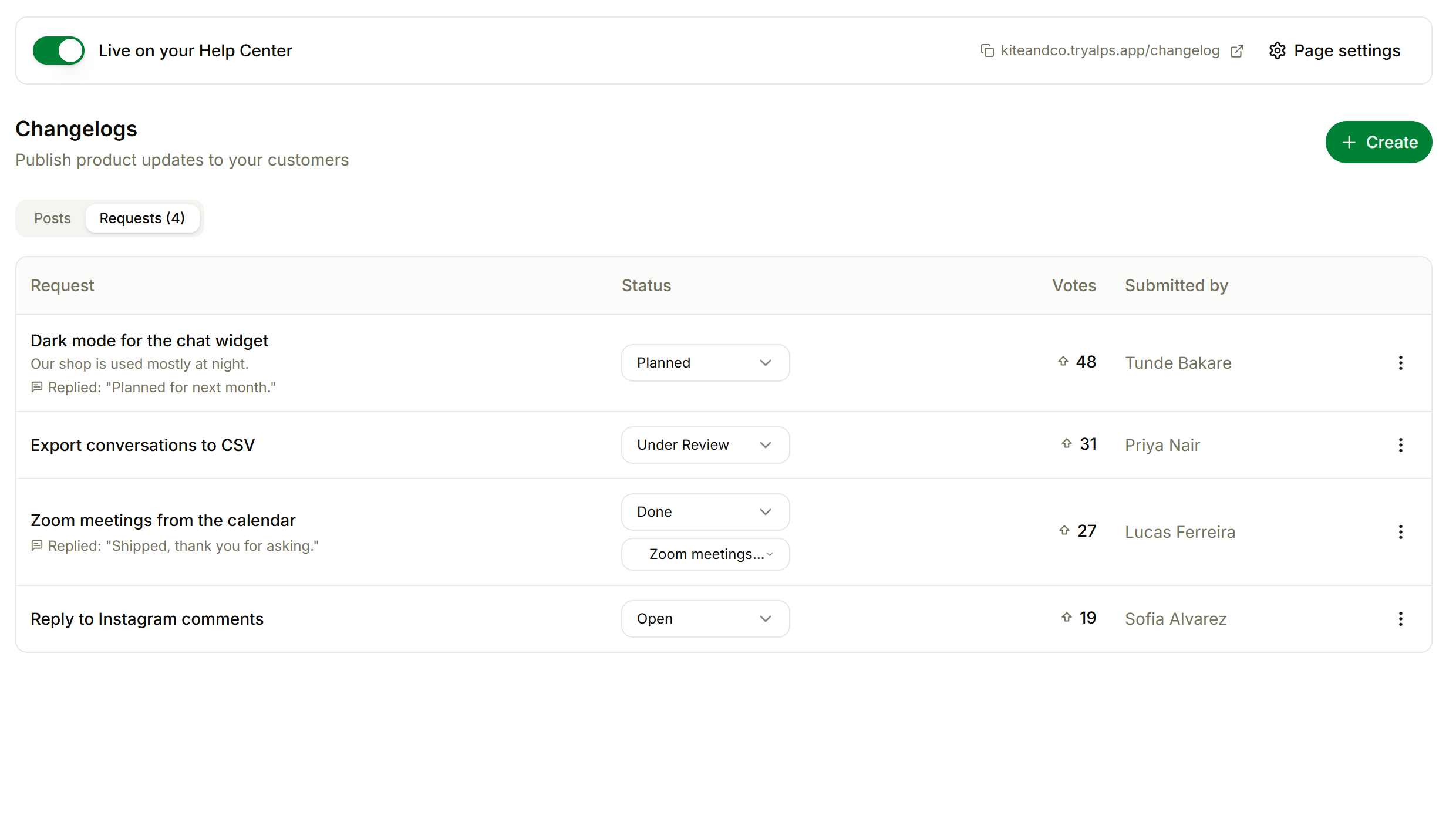The admin view of feature requests with status, votes, a public reply and a Shipped in link