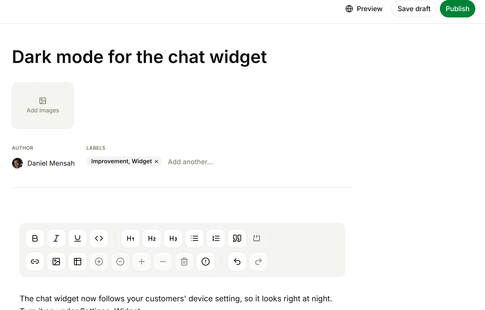 The Alps changelog editor with a title, author, labels and a formatting toolbar