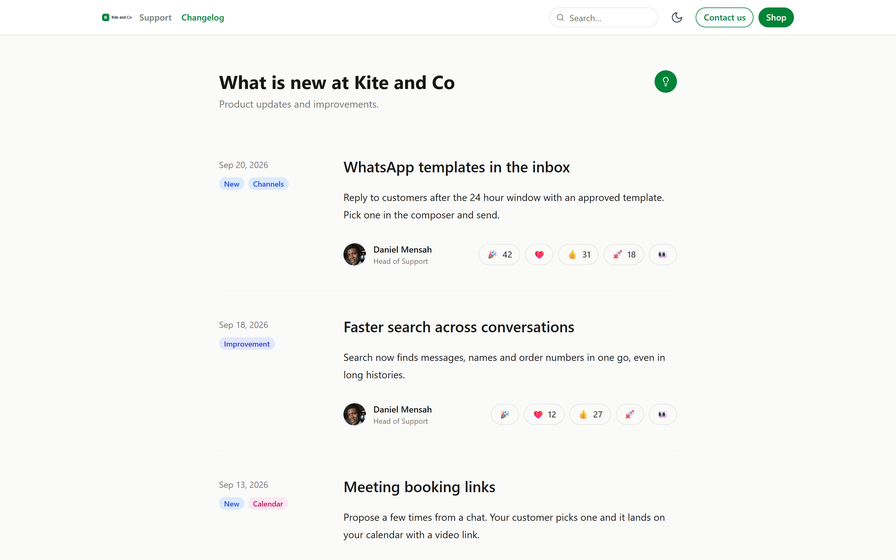 A public changelog page with posts, labels, authors and customer reactions