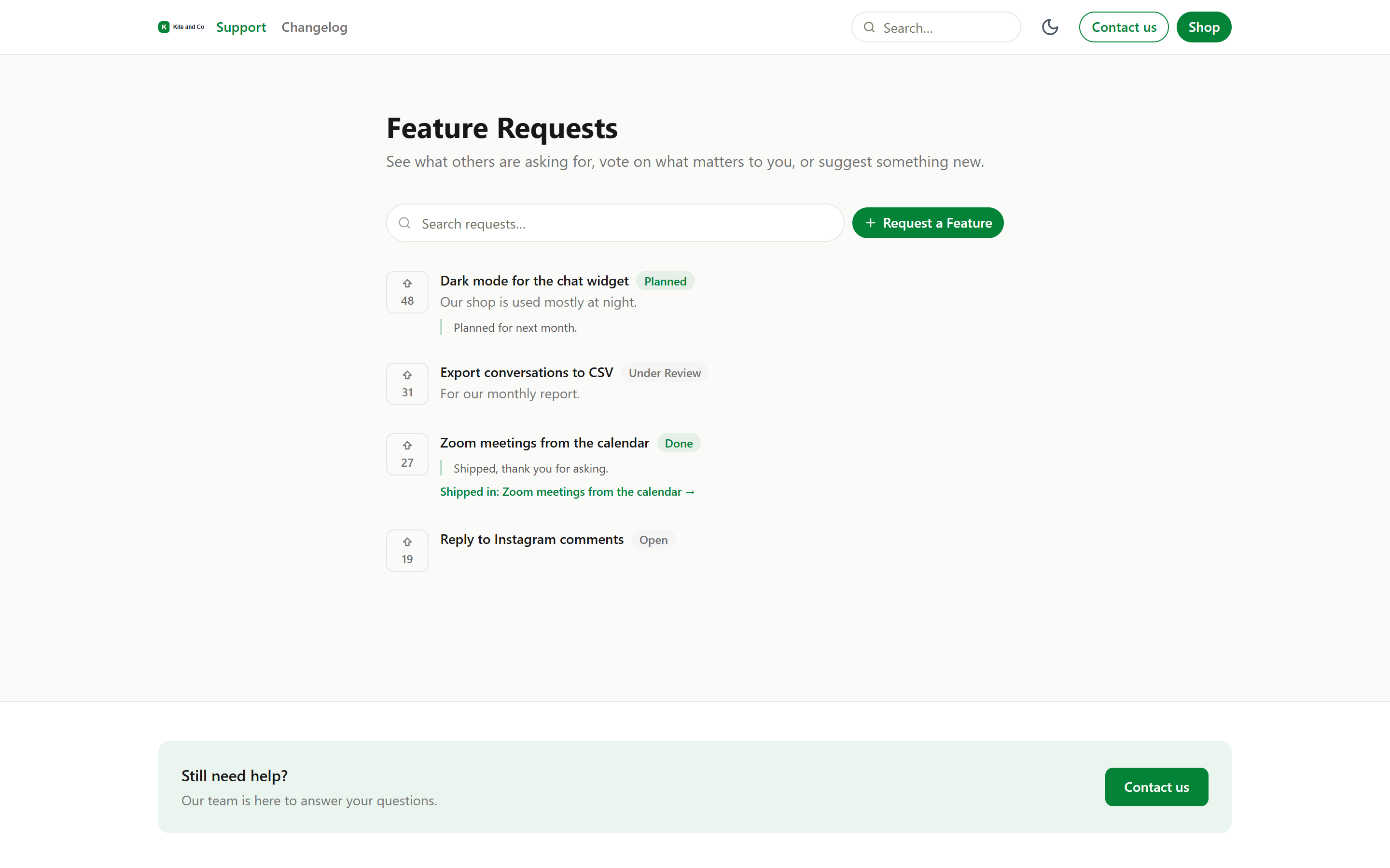 The public feature request board where customers vote and see replies